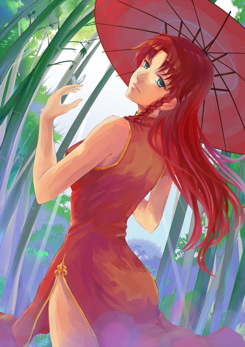 bare_shoulders blue_eyes braid bug butterfly chinese_clothes highres hong_meiling insect kumo_ryuun long_hair looking_back oriental_umbrella red_hair solo touhou twin_braids umbrella