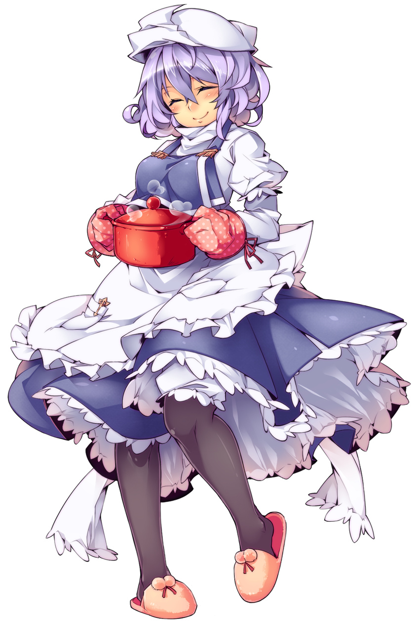 black_legwear blush closed_eyes hat highres kokka_han letty_whiterock oven_mitts pantyhose pot purple_hair revision simple_background slippers smile solo steam touhou white_background