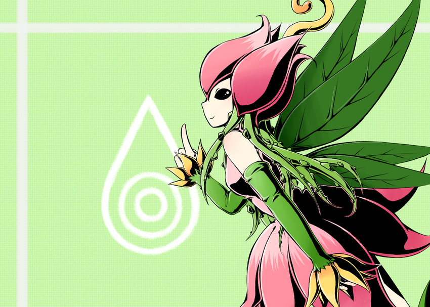 amo_(yellowpink_a) black_eyes digimon digimon_adventure green_wings index_finger_raised leaf lillymon profile smile solo thorns wings