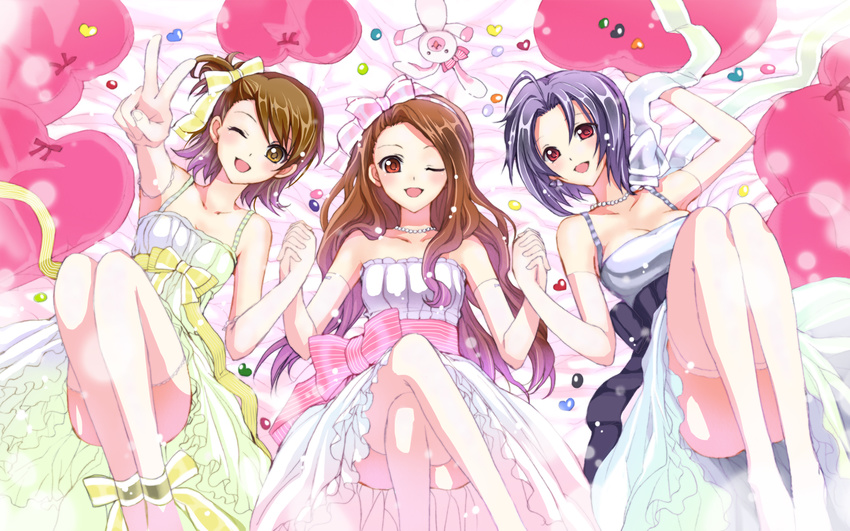 brown_hair bunny crossed_legs elbow_gloves flipped_hair futami_ami gloves hair_ribbon heart highres holding_hands idolmaster idolmaster_(classic) jewelry kabkin looking_at_viewer minase_iori miura_azusa multiple_girls necklace one_eye_closed ponytail purple_hair red_eyes ribbon side_ponytail sitting smile stuffed_animal stuffed_bunny stuffed_toy thighhighs v yellow_eyes