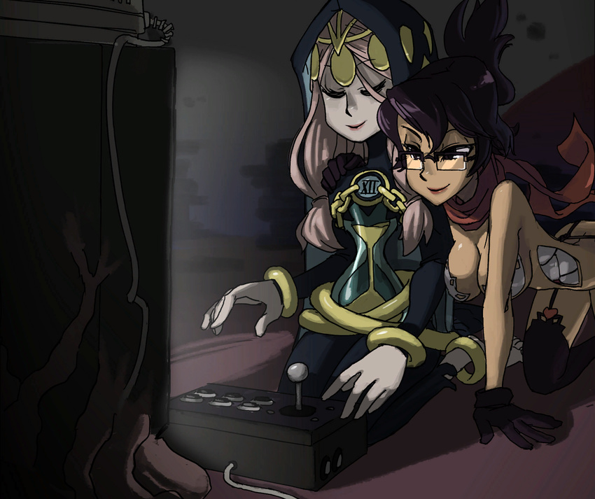 aeon_(skullgirls) arcade_stick artist_request breasts cleavage closed_eyes controller folded_ponytail game_controller glasses gloves goddess hood hourglass joystick lab_zero_games large_breasts lipstick long_hair makeup multiple_girls non-web_source official_art pink_hair purple_hair semi-rimless_eyewear siblings sisters skullgirls tiara venus_(skullgirls)