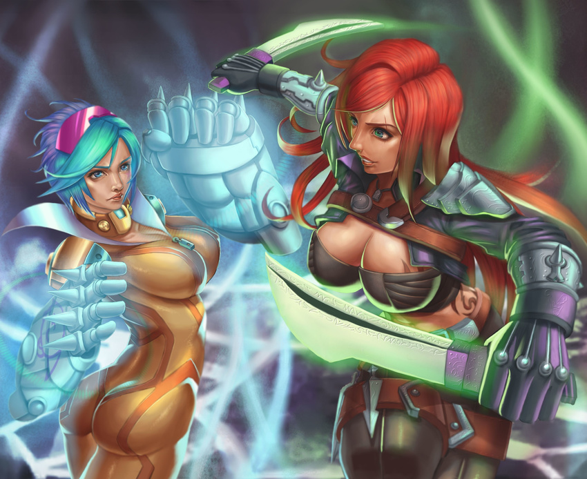 absurdres alternate_costume armband ass blue_eyes blue_hair bodysuit breasts cleavage clenched_hands dagger gloves green_eyes grin highres jewelry kaisa katarina_du_couteau large_breasts league_of_legends long_hair multiple_girls necklace pauldrons popped_collar red_hair scar short_hair skin_tight smile spikes sunglasses tattoo thigh_strap vi_(league_of_legends) weapon zipper