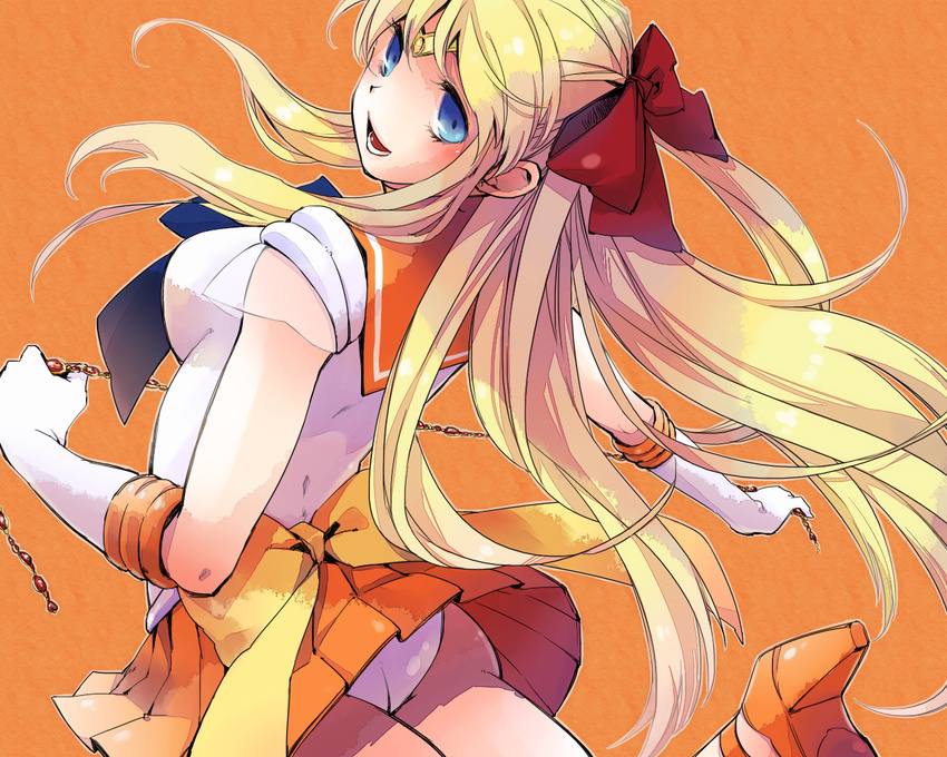 aino_minako ass back back_bow bishoujo_senshi_sailor_moon blonde_hair blue_eyes bow chain choker earrings elbow_gloves from_behind gloves hair_bow half_updo hidaka_ryou high_heels jewelry long_hair magical_girl open_mouth orange_background orange_sailor_collar orange_skirt panties red_bow sailor_collar sailor_senshi_uniform sailor_venus school_uniform serafuku shoes skirt solo super_sailor_venus tiara underwear white_gloves