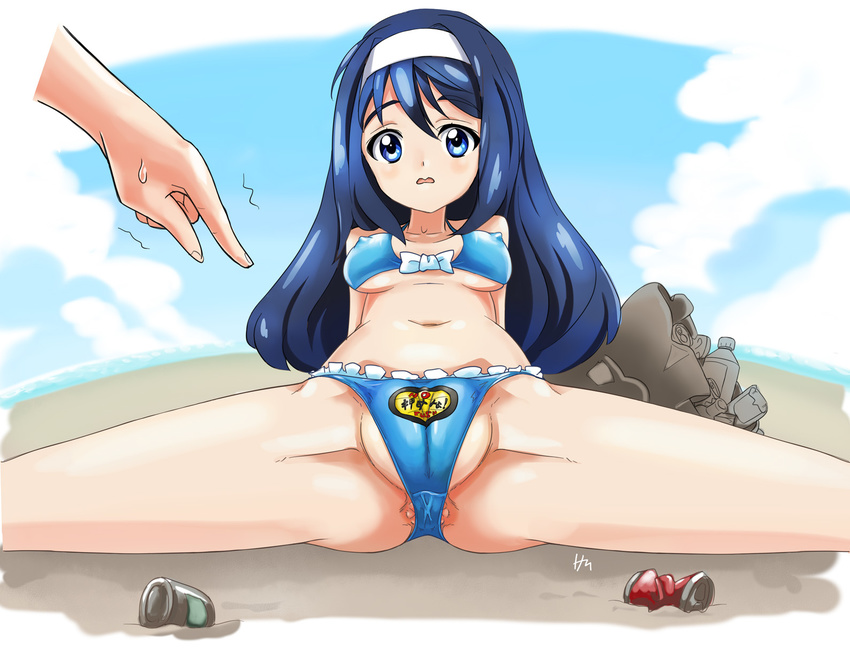 bikini blue_eyes blue_hair breasts covered_nipples fat_mons futaba_aoi_(vividred_operation) hairband highres long_hair phandit_thirathon small_breasts solo_focus spread_legs swimsuit trash vividred_operation