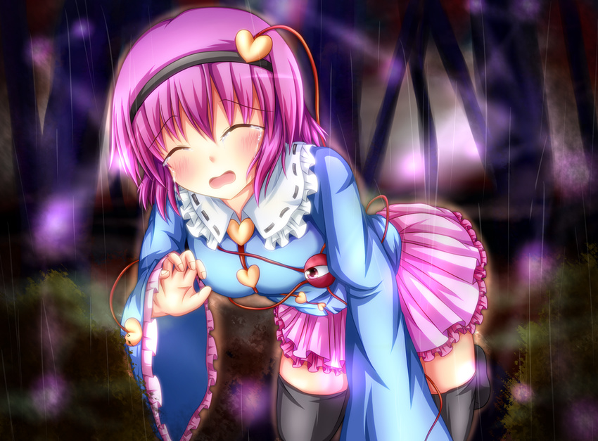 black_legwear blush breasts eyeball hairband heart komeiji_satori manma_(manmamia) medium_breasts pink_hair rain short_hair skirt solo tears thighhighs third_eye touhou