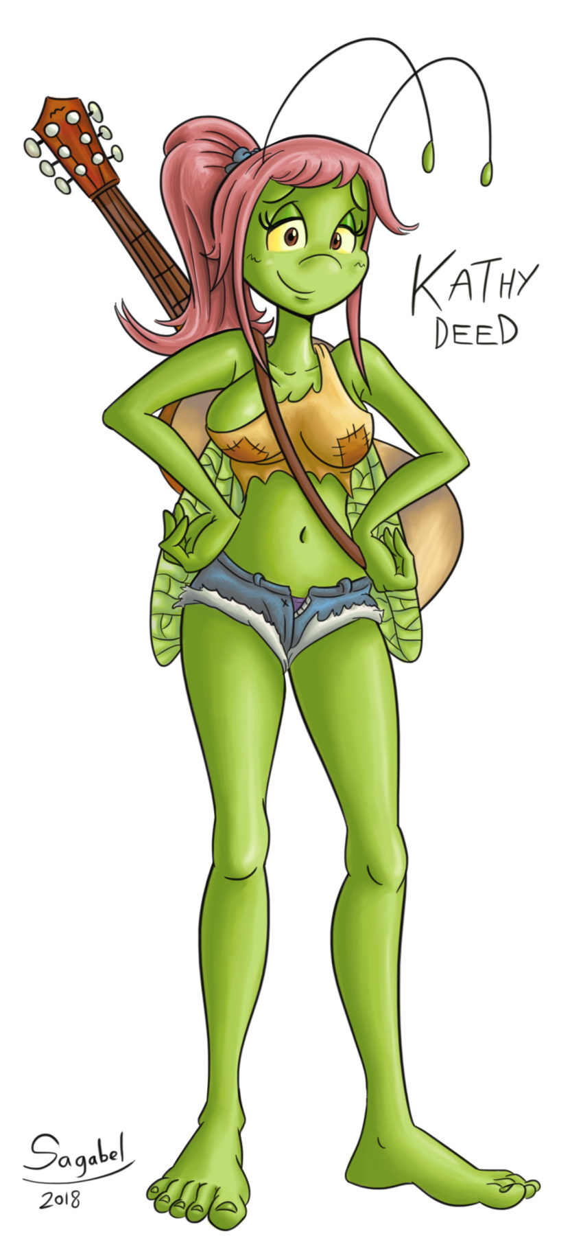 2018 3_fingers 5_toes absurd_res antennae anthro arthropod barefoot big_breasts biped blush breasts brown_eyes character_name clothed clothing collarbone colored_nails cutoffs denim_shorts digital_drawing_(artwork) digital_media_(artwork) english_text eyelashes feet female front_view full-length_portrait green_antennae green_body green_nails green_wings guitar hair hands_on_hips hi_res humanoid_feet insect insect_wings katydid looking_at_viewer musical_instrument navel non-mammal_breasts orthopterid panties patchwork pink_hair plantigrade ponytail portrait sagabel scrunchie shorts simple_background smile solo standing text toes torn_clothing underwear unzipped white_background white_clothing wings yellow_sclera