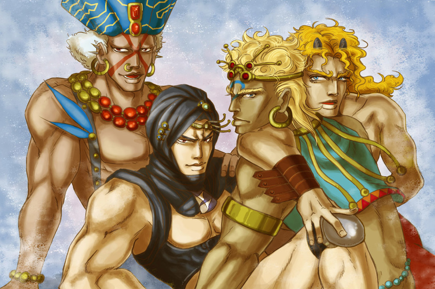 akamushi_(clam_hunter) battle_tendency earrings esidisi hat hoop_earrings horns jewelry jojo_no_kimyou_na_bouken kars_(jojo) manly multiple_boys muscle nose_piercing nose_ring piercing santana_(jojo) turban wamuu white_hair