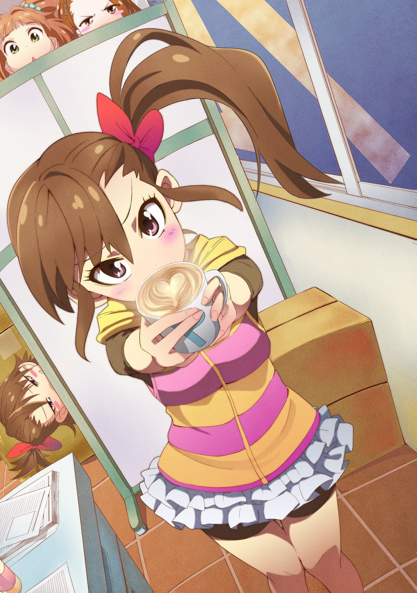 bike_shorts blush blush_stickers brown_eyes brown_hair cup drink futami_ami futami_mami green_eyes hair_bobbles hair_ornament hair_ribbon heart highres hot_chocolate idolmaster idolmaster_(classic) looking_at_viewer minase_iori mug multiple_girls orange_hair ponytail purple_eyes ribbon shorts shorts_under_skirt side_ponytail takatsuki_yayoi wisespeak