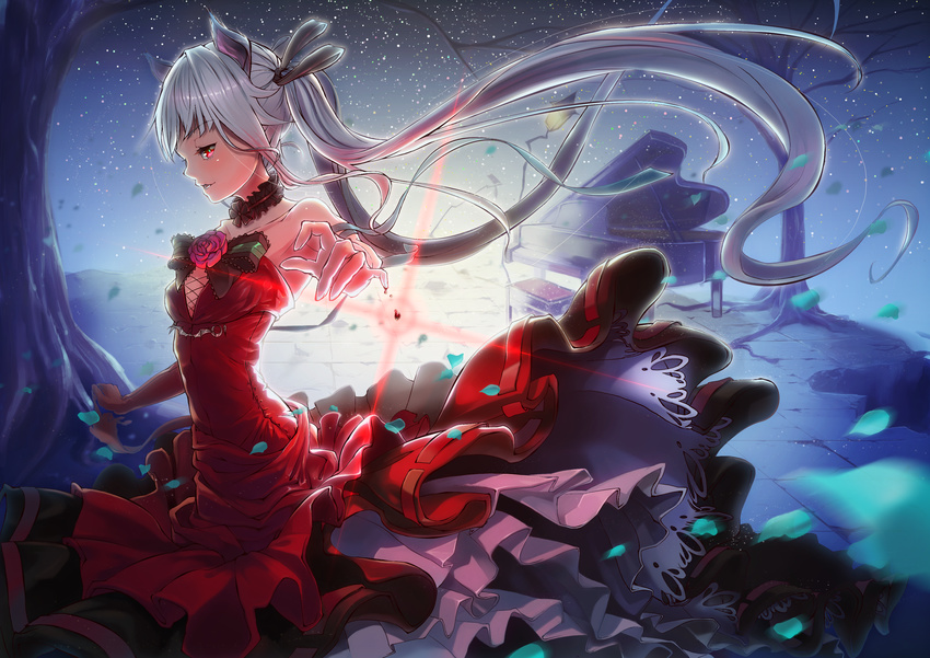 absurdres animal_ears bad_id bad_pixiv_id bishoujo_mangekyou blood breasts dress elbow_gloves fukurou_(suga0930) gloves glowing hair_ribbon highres instrument kagarino_kirie long_hair looking_at_viewer piano pointing red_eyes ribbon sky small_breasts solo tree twintails