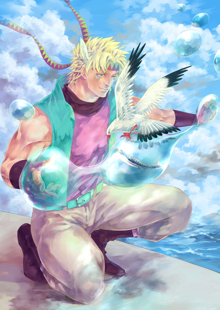 bird blonde_hair bubble caesar_anthonio_zeppeli cgiftrsnut cloud day facial_mark feathers fingerless_gloves fish gloves green_eyes hair_feathers highres hydrokinesis jojo_no_kimyou_na_bouken joseph_joestar_(young) male_focus outdoors pigeon sky solo vest water