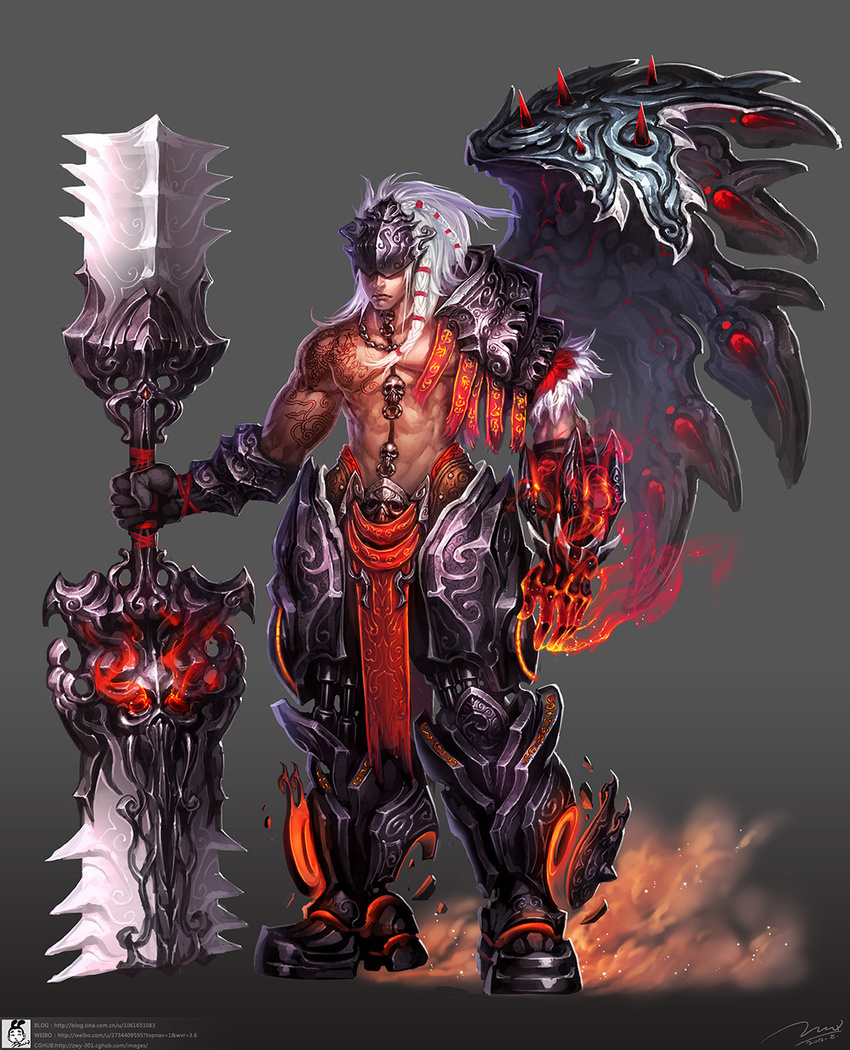 armor braid greaves highres huge_weapon male_focus original skull solo tattoo vambraces visor weapon white_hair zhang_wei_yi