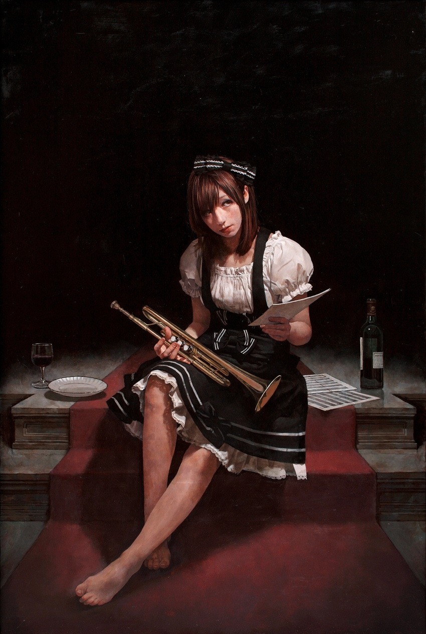 absurdres alcohol barefoot brown_eyes brown_hair cup drinking_glass feet hair_ribbon highres holding imai_takahiro instrument lips original paper plate realistic red_carpet ribbon short_hair sitting sitting_on_stairs solo stairs toes wine wine_glass