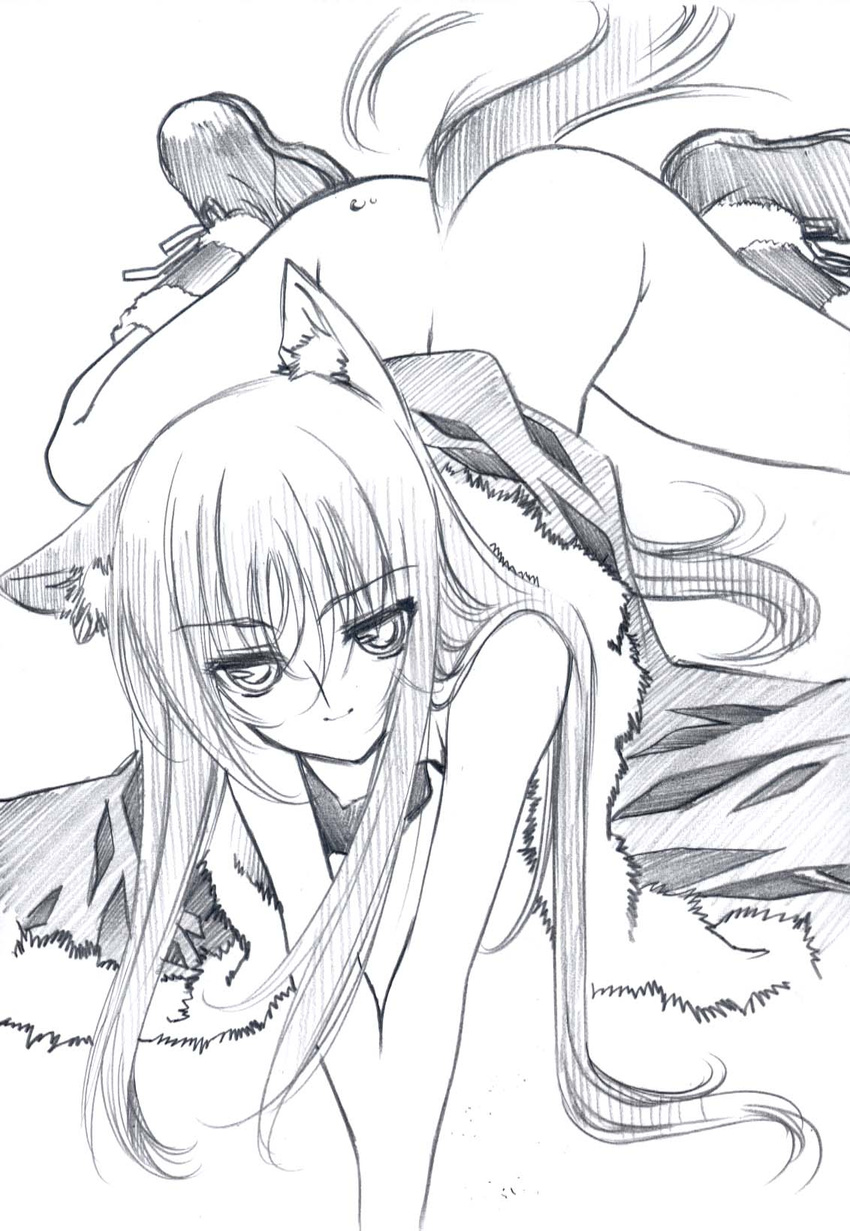 animal_ears ass boots flat_chest highres holo long_hair monochrome nipples senomoto_hisashi solo spice_and_wolf tail wolf_ears wolf_tail