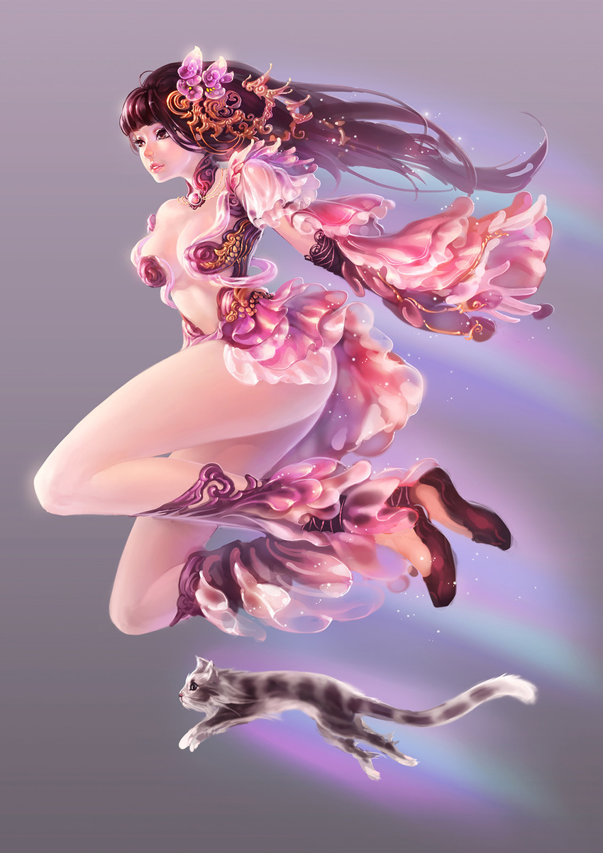 breasts brown_eyes brown_hair cat choker cleavage dress elbow_gloves gloves hair_ornament highres legs long_hair medium_breasts original solo thighs zhang_wei_yi