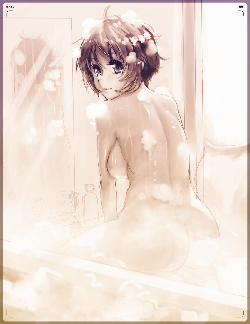 absurdres ahoge ass back bangs bath_stool bathing bathroom bathtub border bottle breasts chuunibyou_demo_koi_ga_shitai! convenient_censoring cowboy_shot faucet from_side gradient highres indoors large_breasts light_smile looking_at_viewer looking_back mirror nude parted_bangs pov recording reflection short_hair shuizhanglang sideboob sitting sketch smile soap_bottle soap_bubbles solo steam steam_censor stool tsuyuri_kumin viewfinder water wet