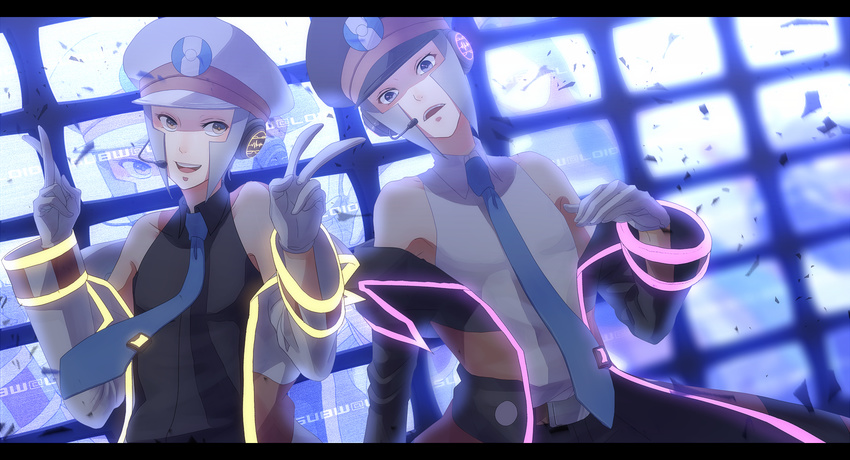 bare_shoulders brown_eyes ganov grey_hair hat highres kudari_(pokemon) md5_mismatch multiple_boys necktie neon_trim nobori_(pokemon) off_shoulder peaked_cap pokemon pokemon_(game) pokemon_bw purple_eyes television uniform v