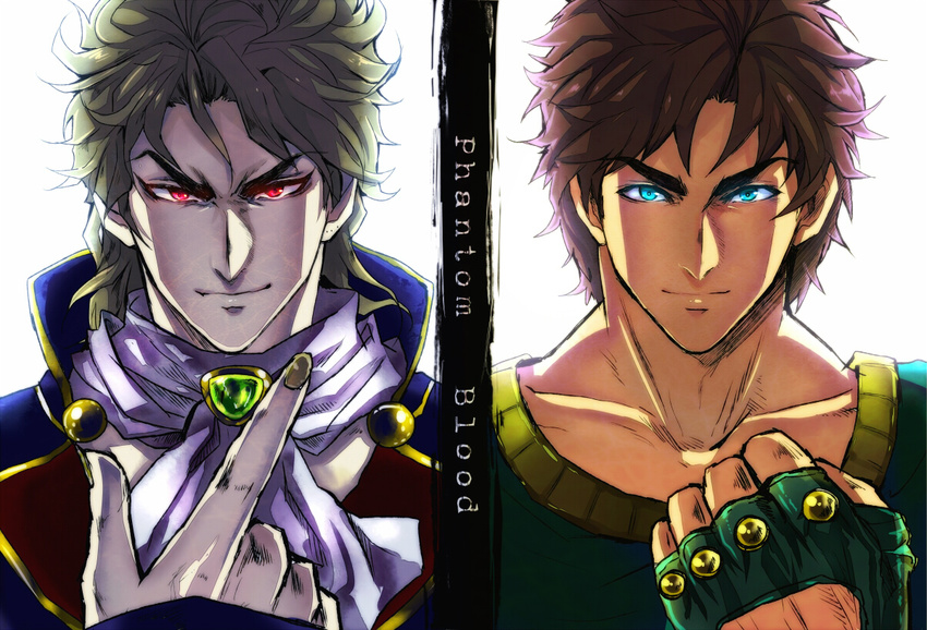 ascot black_hair blonde_hair blue_eyes dio_brando fingerless_gloves gloves glowing glowing_eyes headband honchu jojo_no_kimyou_na_bouken jonathan_joestar multiple_boys phantom_blood red_eyes