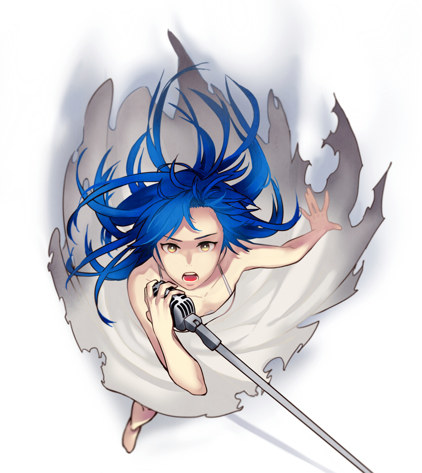 bad_id bad_pixiv_id blue_hair breasts cleavage dress electric_flower from_above highres idolmaster idolmaster_(classic) kisaragi_chihaya looking_up messy_hair microphone music open_mouth singing small_breasts solo torn_clothes white_dress yellow_eyes