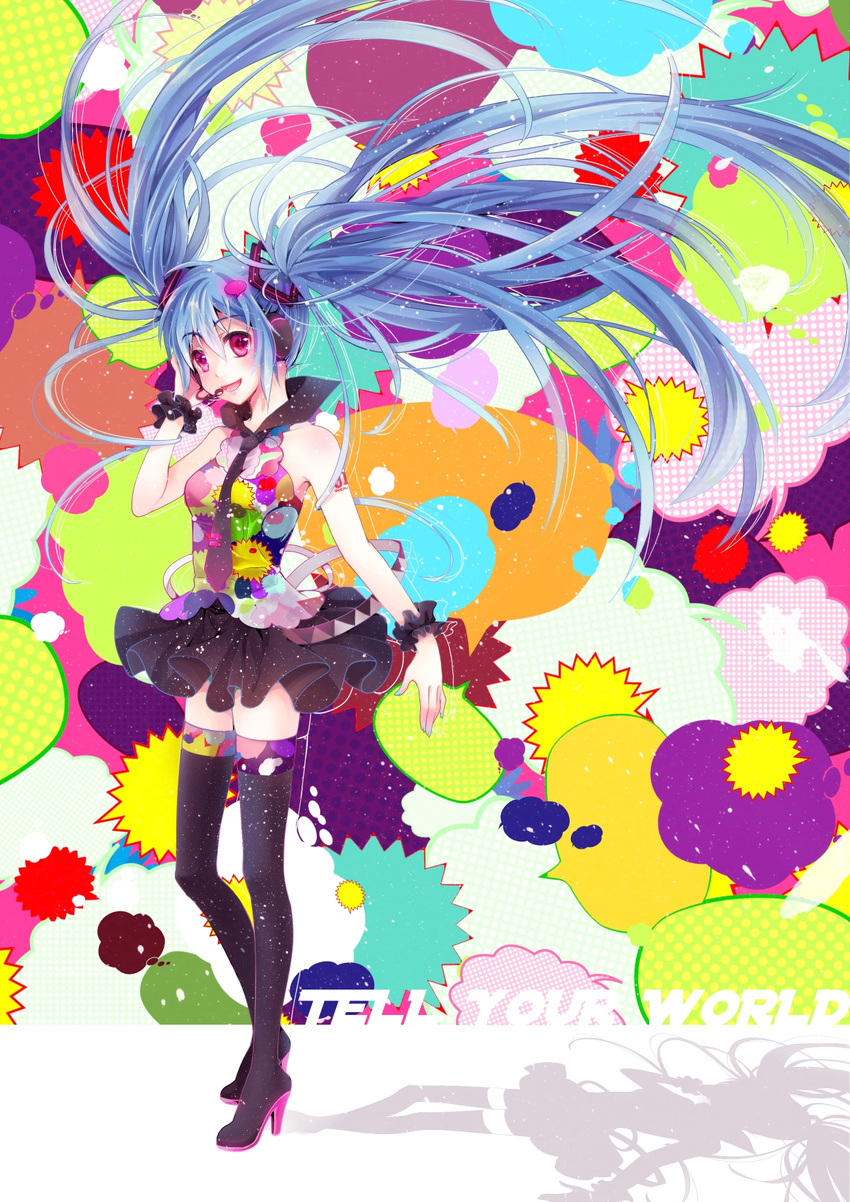 blue_hair boots copyright_name floating_hair hatsune_miku headset high_heels highres long_hair momoko_(momoko14) necktie pink_eyes shoes skirt solo tell_your_world_(vocaloid) thigh_boots thighhighs twintails very_long_hair vocaloid