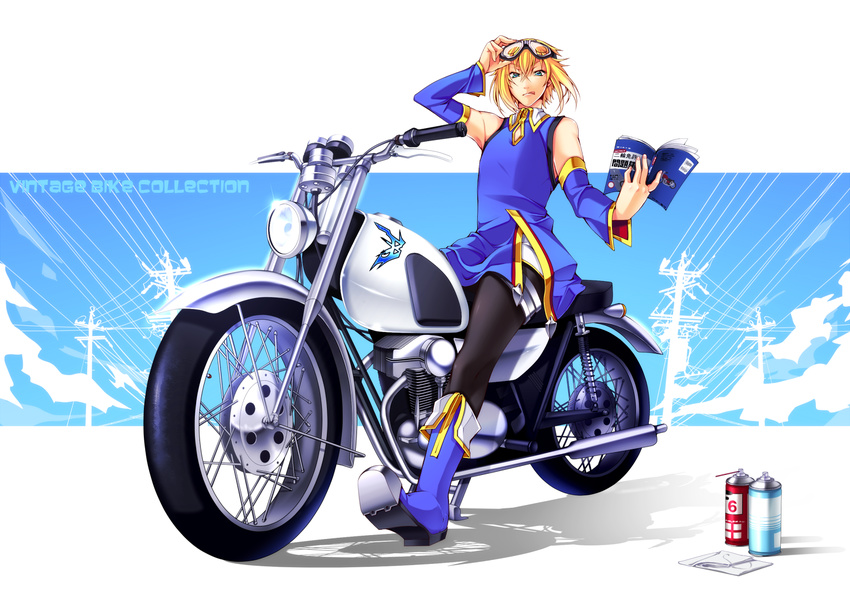 bare_shoulders black_legwear blazblue blonde_hair blue_eyes blue_footwear boots crossdressing detached_sleeves dress goggles goggles_on_head ground_vehicle jin_kisaragi licking_lips male_focus map motor_vehicle motorcycle pantyhose sayo_wini solo tongue tongue_out