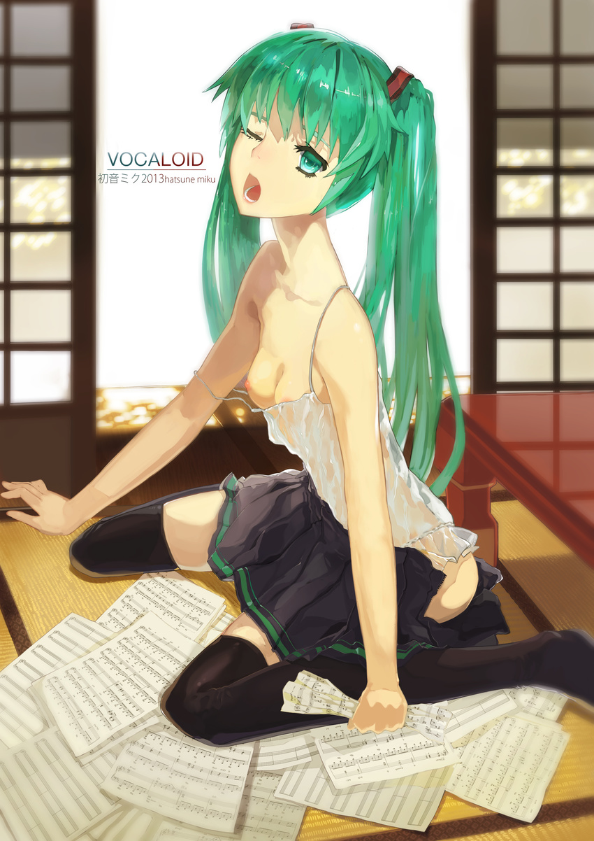 1girl 2013 absurdres bad_id bad_pixiv_id bass_clef beamed_eighth_notes beamed_sixteenth_notes black_legwear breasts camisole character_name dotted_quarter_note eighth_note eighth_rest flat_sign green_eyes green_hair half_note hatsune_miku highres long_hair long_neck musical_note natural_sign nipples one_eye_closed open_mouth quarter_note quarter_rest see-through sharp_sign sheet_music sitting skirt small_breasts solo strap_slip tatami thighhighs time_signature treble_clef twintails vocaloid wariza whole_note yawning