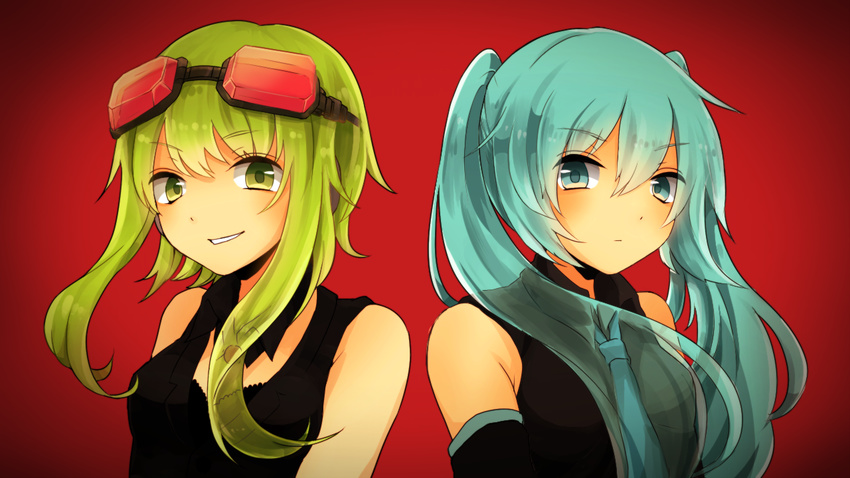 bad_id bad_pixiv_id bare_shoulders blue_eyes blue_hair chizuru_(ambient) detached_sleeves goggles goggles_on_head green_eyes green_hair gumi hatsune_miku long_hair multiple_girls necktie simple_background smile twintails vest vocaloid