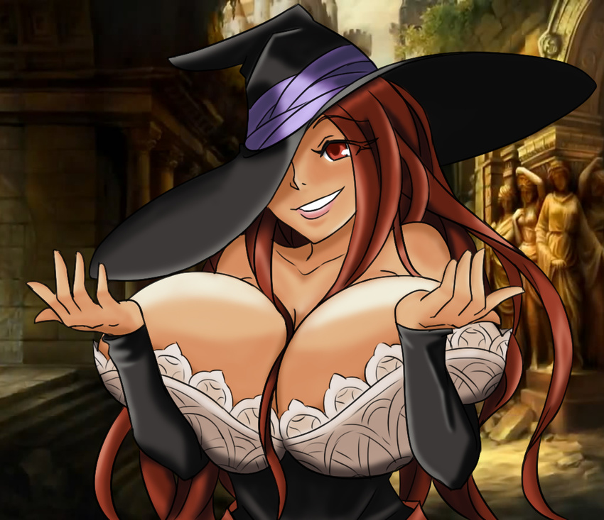 bare_shoulders breasts brown_eyes brown_hair cleavage colorfag detached_sleeves dragon's_crown gigantic_breasts grin hat hat_over_one_eye long_hair matsu-sensei shrug smile solo sorceress_(dragon's_crown) witch_hat