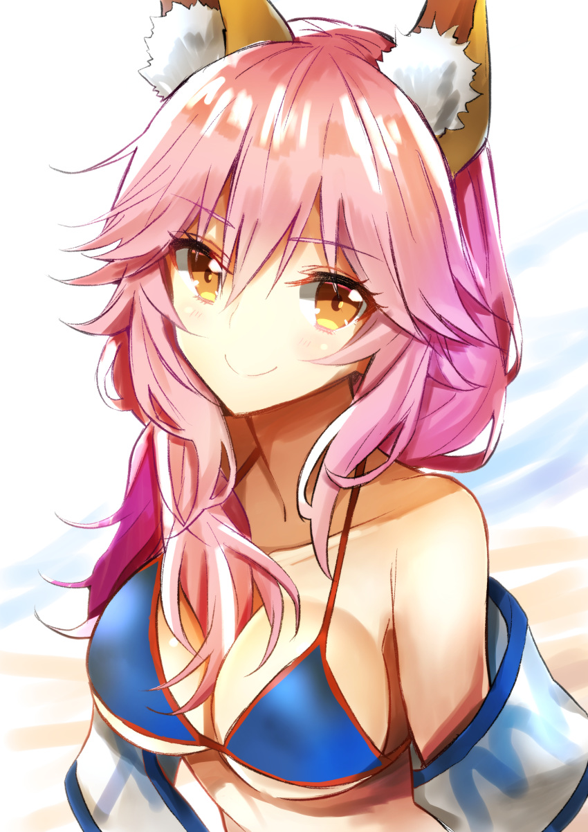 1girl absurdres animal_ear_fluff animal_ears bangs bare_shoulders bikini blue_bikini blush breasts brown_eyes cleavage closed_mouth collarbone commentary_request eyebrows_visible_through_hair fate/grand_order fate_(series) fox_ears hair_between_eyes highres large_breasts long_hair nanakusa_amane pink_hair smile solo swimsuit tamamo_(fate)_(all) tamamo_no_mae_(swimsuit_lancer)_(fate) upper_body white_background