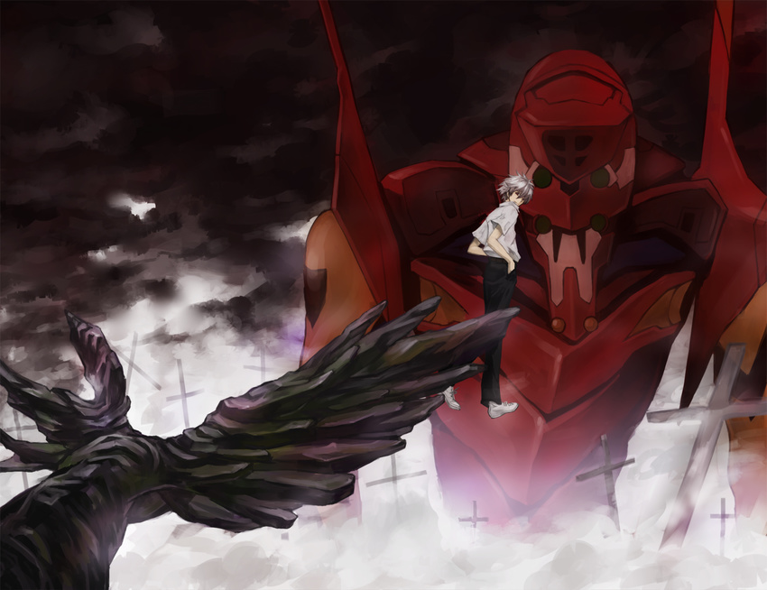 bad_deviantart_id bad_id eva_02 floating grey_hair hands_in_pockets looking_back mecha mochikko_(cocoa0101) nagisa_kaworu neon_genesis_evangelion