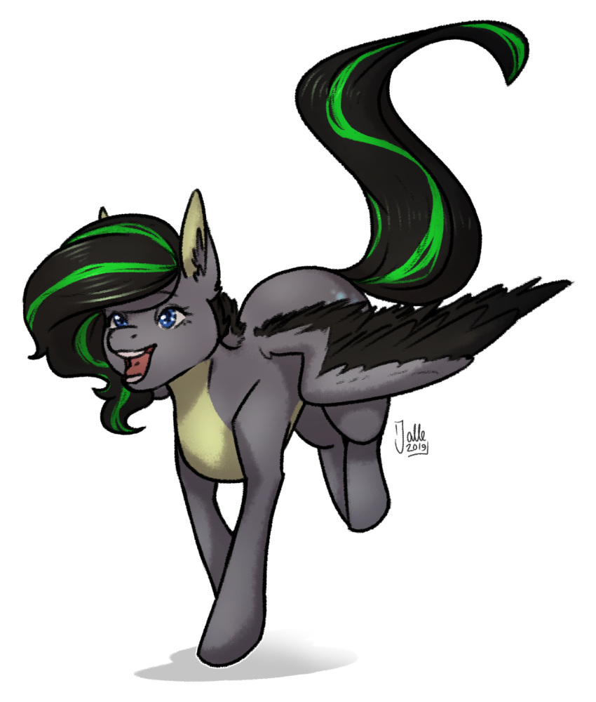 black_hair black_wings blue_eyes cutie_mark equine female feral flying fur green_hair grey_fur grey_wings hair happy horse jalle mammal my_little_pony pony shay_shimmer smile striped_hair wings yellow_fur