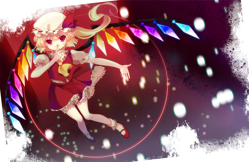 amo ascot blonde_hair finger_to_mouth flandre_scarlet hat red_eyes short_hair side_ponytail smile solo touhou wings