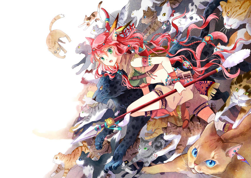 :3 ^_^ animal_ears armband blue_eyes calico cat cat_ears cat_tail cattail closed_eyes earrings green_eyes hair_ornament headband jaguar jewelry kitten long_hair navel nekozuki_yuki open_mouth original pink_hair plant polearm ribbon shorts spear tail too_many too_many_cats weapon whiskers yellow_eyes