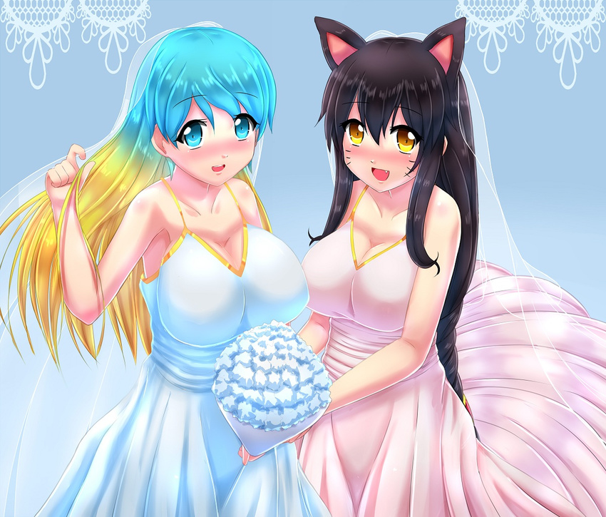 ahri animal_ears aqua_eyes aqua_hair blonde_hair blush bouquet braid breasts bridal_veil bride cleavage collarbone dress facial_mark fang flower fox_ears fox_tail gradient_hair large_breasts league_of_legends long_hair multicolored_hair multiple_girls multiple_tails open_mouth sona_buvelle tail veil wedding_dress whisker_markings xano yellow_eyes