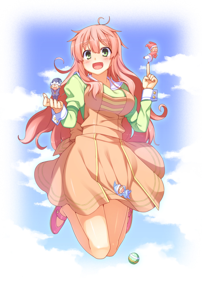 blush fairy_(jintai) green_eyes highres jinrui_wa_suitai_shimashita long_hair open_mouth pink_hair racer_(magnet) skirt smile solo watashi_(jintai)