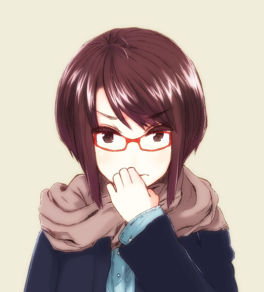 akku_lude brown_eyes brown_hair finger_to_mouth glasses highres jacket looking_at_viewer original scarf short_hair solo