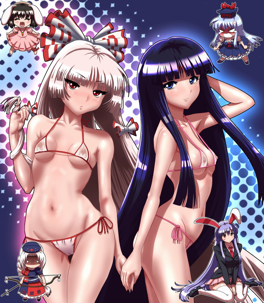 :3 anger_vein angry animal_ears arrow bikini black_hair blue_eyes bow bow_(weapon) braid breasts bunny_ears cameltoe chibi chibi_inset covered_nipples fujiwara_no_mokou groin hair_bow halftone halftone_background hat highres holding_hands houraisan_kaguya inaba_tewi kamishirasawa_keine kezune_(i-_-i) long_hair micro_bikini multiple_girls navel open_mouth purple_hair red_eyes reisen_udongein_inaba see-through side-tie_bikini sitting small_breasts smile strap_gap string_bikini swimsuit tears thigh_gap thighhighs touhou very_long_hair wariza weapon white_hair wide_hips yagokoro_eirin