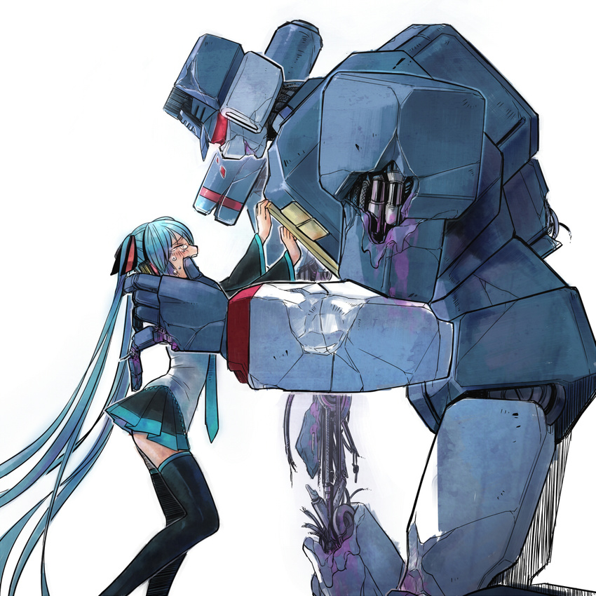 bad_end black_skirt couple crossover crying damaged decepticon dying full_body hatsune_miku headgear long_hair machinery mecha monster pleated_skirt rkp robot science_fiction simple_background size_difference skirt soundwave thighhighs transformers twintails very_long_hair vocaloid white_background zettai_ryouiki