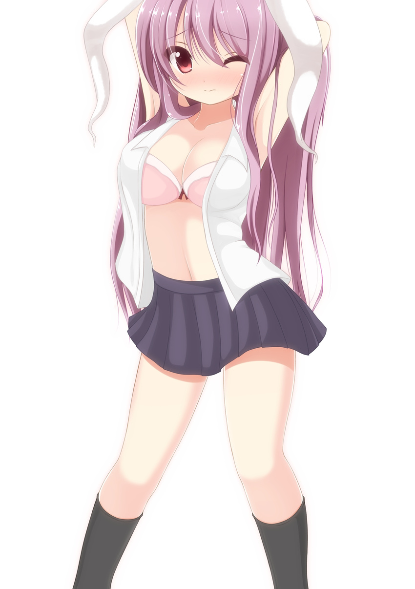 animal_ears blush bra breasts bunny_ears chimunge dress_shirt highres large_breasts long_hair navel no_pants one_eye_closed open_clothes open_shirt pink_bra pink_hair purple_hair red_eyes reisen_udongein_inaba revision shirt skirt solo touhou underwear white_background