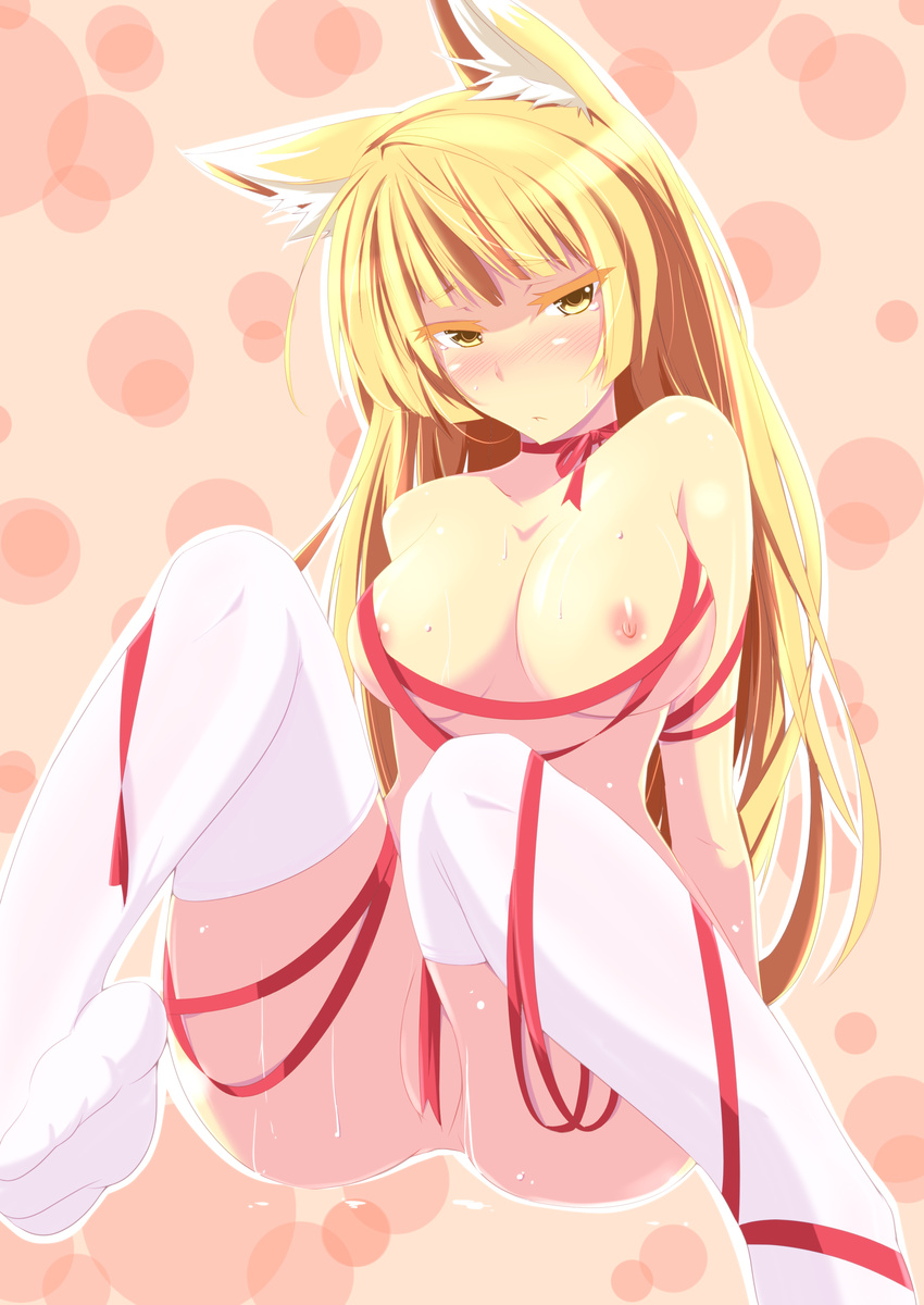 absurdres animal_ears bad_id bad_pixiv_id blonde_hair blush breasts censored cleavage convenient_censoring fox_ears full-face_blush highres kichihachi knees_together_feet_apart large_breasts long_hair naked_ribbon nipples no_bra no_panties original ribbon solo sweat thighhighs white_legwear yellow_eyes