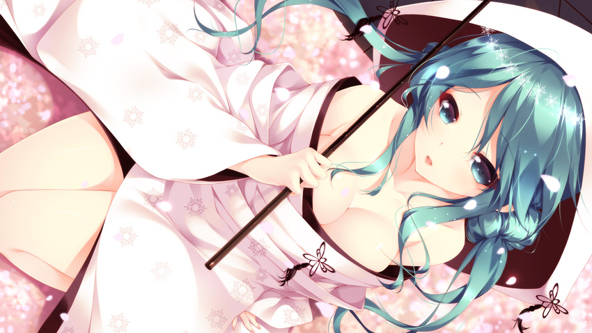 aqua_eyes aqua_hair bare_shoulders breasts cleavage collarbone dutch_angle hatsune_miku highres hood japanese_clothes kimono lips long_hair looking_at_viewer medium_breasts petals seiza shokuyou_mogura sitting smile solo twintails uchikake vocaloid yuki_miku