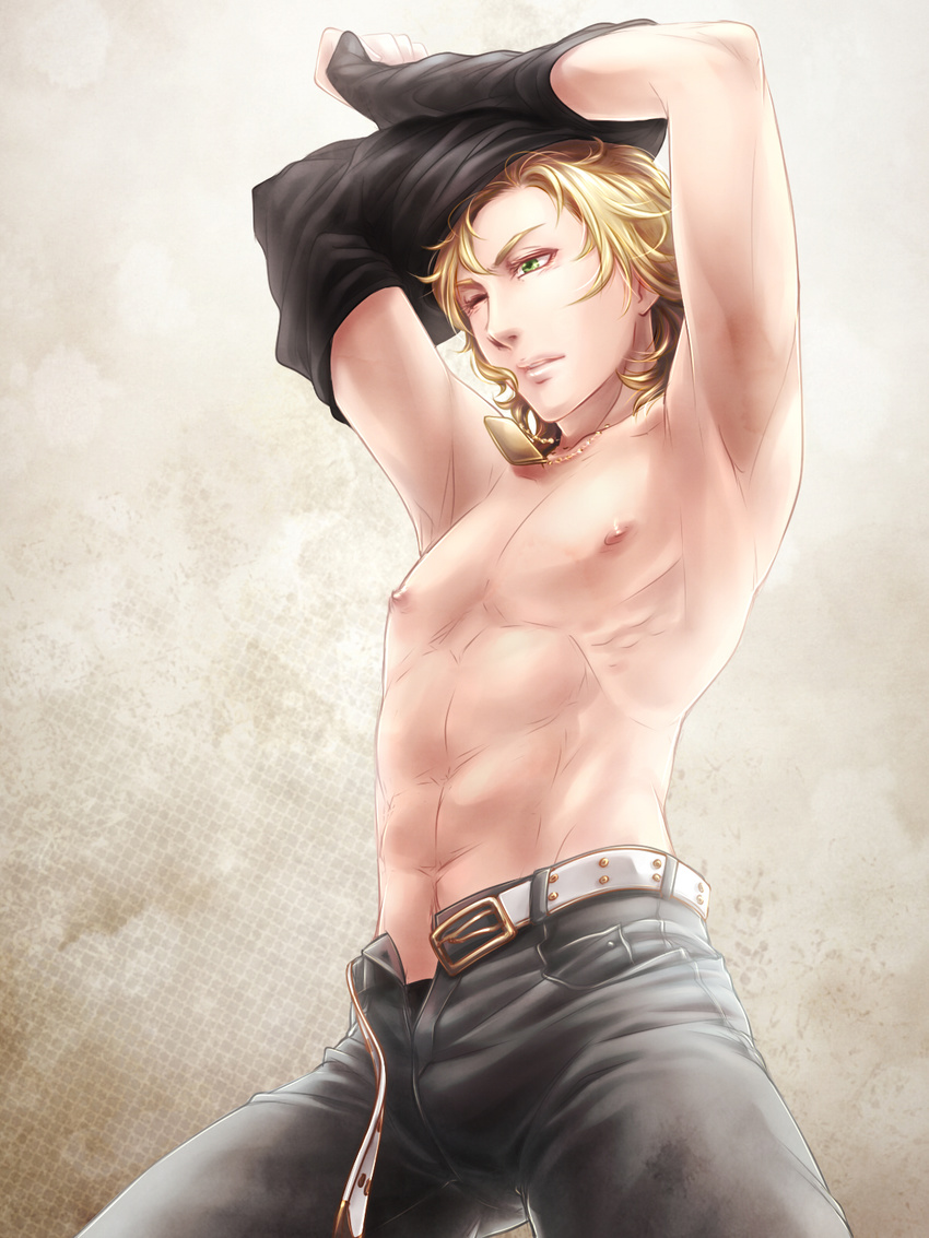 abs barnaby_brooks_jr blonde_hair green_eyes highres male_focus solo tiger_&amp;_bunny undressing v-sil