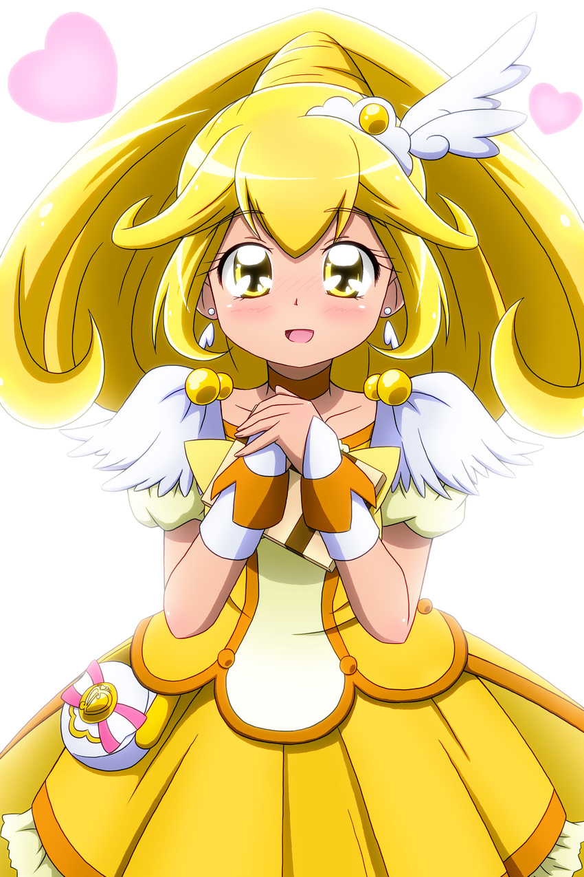 absurdres blonde_hair bow choker cure_peace gift hair_flaps heart highres kise_yayoi kiyu_(doremi's_party) long_hair magical_girl open_mouth ponytail precure skirt smile smile_precure! solo tiara valentine wrist_cuffs yellow yellow_bow yellow_eyes yellow_skirt