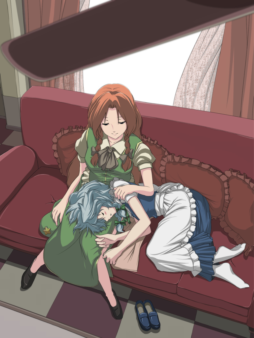 apron bad_hands couch from_above hat hat_removed headwear_removed highres hong_meiling izayoi_sakuya kugi_(kugi-xiv) lap_pillow lying multiple_girls on_side pantyhose pillow shoes_removed side_slit sitting touhou waist_apron white_legwear window