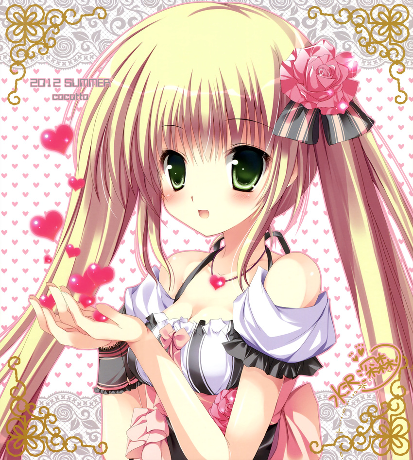 1girl 2012 :d absurdres blonde_hair breasts cleavage collarbone copyright_request dress green_eyes heart heart_necklace highres holding jewelry looking_at_viewer mizusawa_mimori necklace open_mouth puffy_short_sleeves puffy_sleeves short_sleeves simple_background smile tareme twintails upper_body