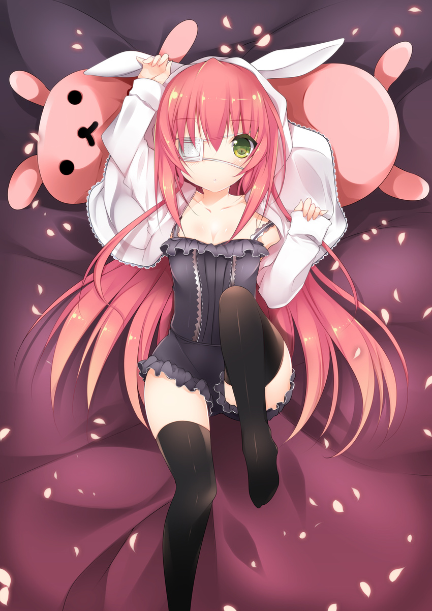 :o animal_hood arms_up black_legwear blush bunny_hood cherry_blossoms collar corset eyepatch green_eyes highres hood knee_up leg_up legs long_hair long_sleeves looking_at_viewer lying on_back original parted_lips pillow pink_hair short_shorts shorts thighhighs usagihime