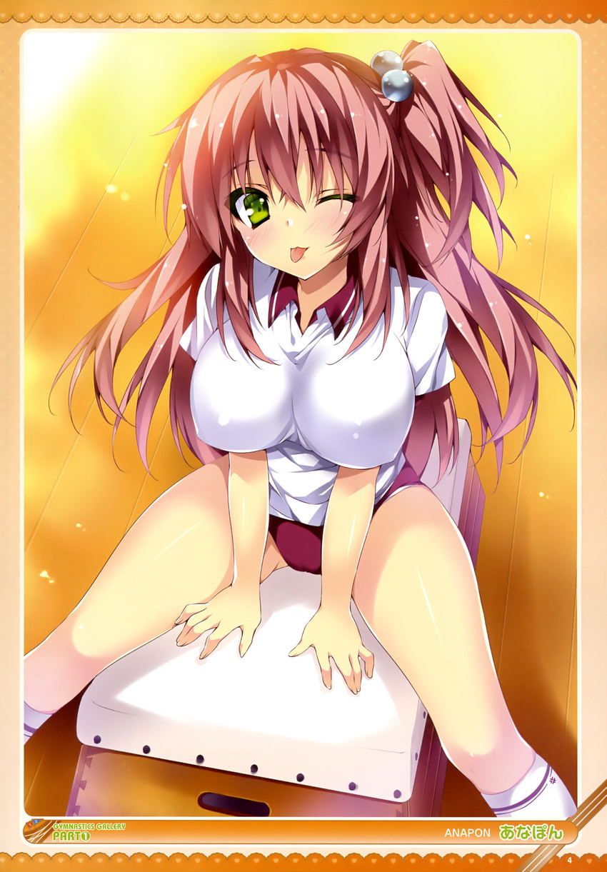 ;p absurdres anapom breasts buruma copyright_request gym_uniform hair_bobbles hair_ornament highres impossible_clothes large_breasts one_eye_closed one_side_up panties panties_under_buruma pink_hair side_ponytail solo spread_legs straddling thighhighs tongue tongue_out underwear vaulting_horse white_panties yellow_eyes