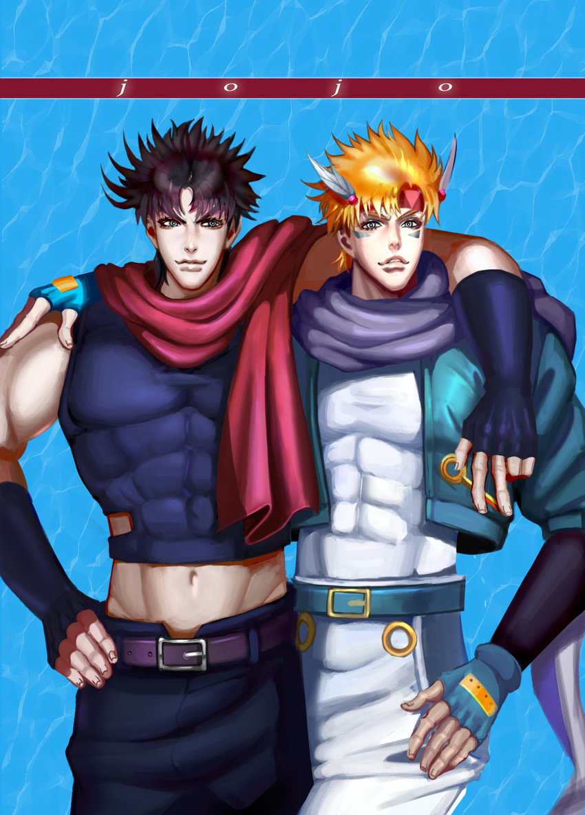 abs arm_around_shoulder bad_id bad_pixiv_id black_hair blonde_hair blue_eyes blue_jacket caesar_anthonio_zeppeli facial_mark feathers fingerless_gloves gloves green_eyes hair_feathers hand_on_hip headband highres jacket jojo_no_kimyou_na_bouken joseph_joestar_(young) lloule male_focus midriff multiple_boys muscle red_scarf scarf smile