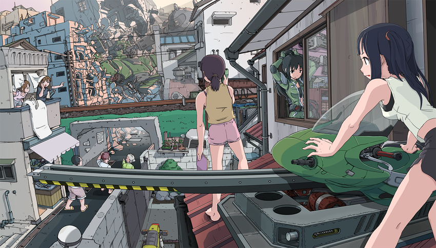 6+girls adjusting_hair ammunition barefoot battle belt black_hair brown_hair building cellphone city day destruction face_punch fighting gun hair_tie hover_bike in_the_face jumpsuit long_hair machine_gun mecha multiple_boys multiple_girls original overhead_line phone pointing ponytail punching racing_suit railroad_tracks short_ponytail shorts standing sukabu two_side_up unzipped utility_belt weapon
