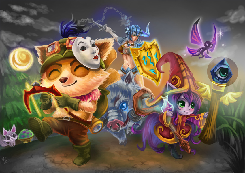 2girls animal_ears belt bikini_top blue_eyes blush boar boots bow_(weapon) breasts brown_hair cleavage closed_eyes collar ears_through_headwear fairy flail flask fur gloves goggles goggles_on_head grass green_eyes hat helmet horned_helmet large_breasts league_of_legends long_hair lulu_(league_of_legends) mask midriff moon multiple_girls mushroom nose_piercing nose_ring pale_skin piercing pix potion purple_hair purple_skin scroll sejuani shield short_hair shorts shoulder_pads signature silver_hair smile spyglass squirrel staff teemo very_long_hair ward weapon witch_hat yordle yummiclaire