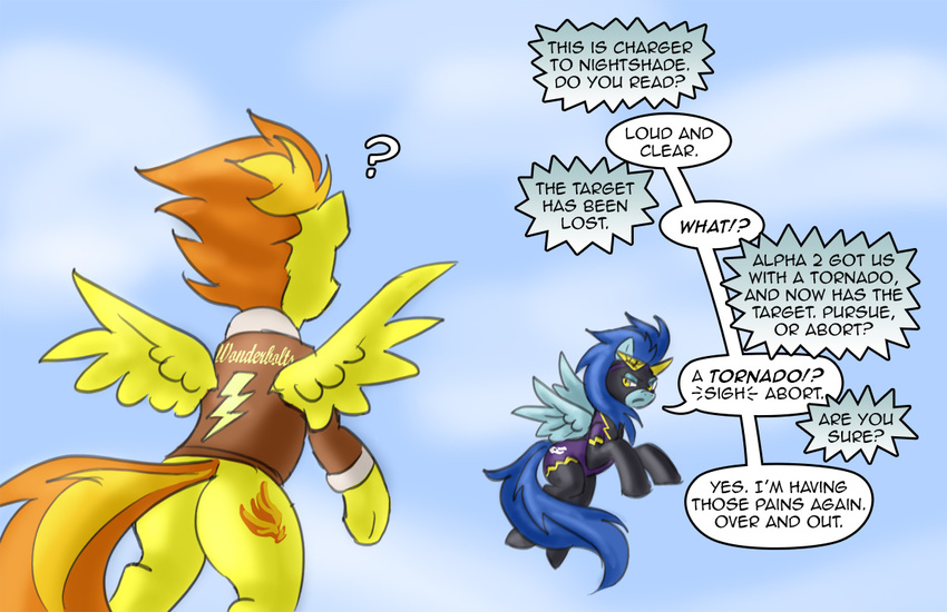 comic dialog english_text equine female feral friendship_is_magic horse mammal my_little_pony nightshade_(mlp) pegasus pluckyninja pony shadowbolts_(mlp) spitfire_(mlp) text timber_(artist) wings wonderbolts_(mlp)